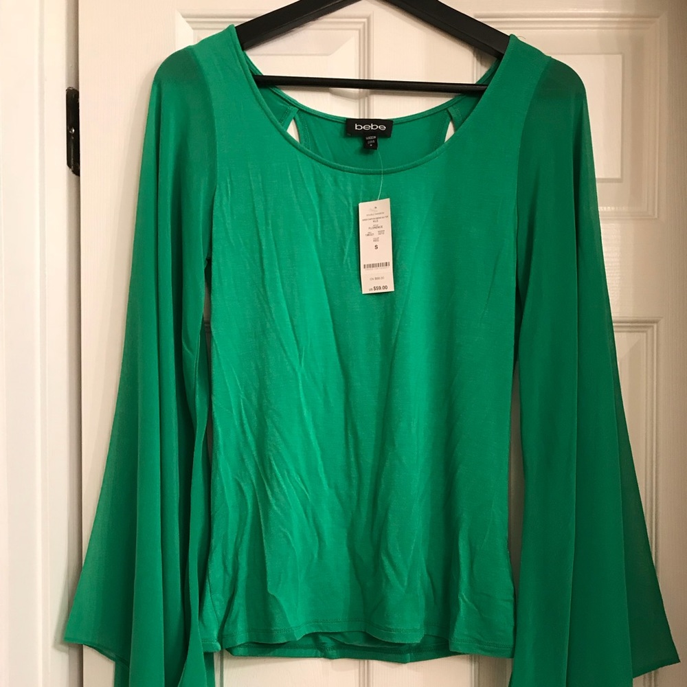 Green bell sleeve slit back top